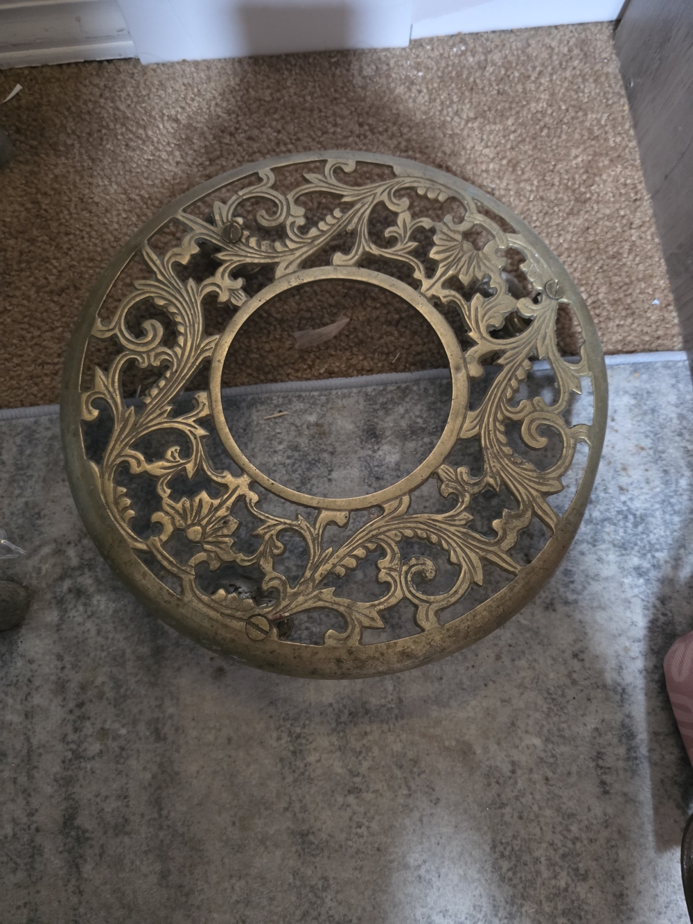 Ornate Round Plant Stand With Wheels in Antique Brass Finish